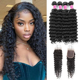 Brazilian Deep Wave Human Hair 4 Bundles With 4*4 Lace Closure 10A Virgin Human Hair Weave - MeetuHair